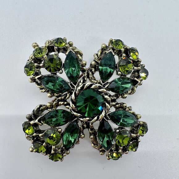 Weiss Maltese Cross Vintage Brooch Clip On Earrings Set Green Gold Toned Signed - Picture 3 of 12